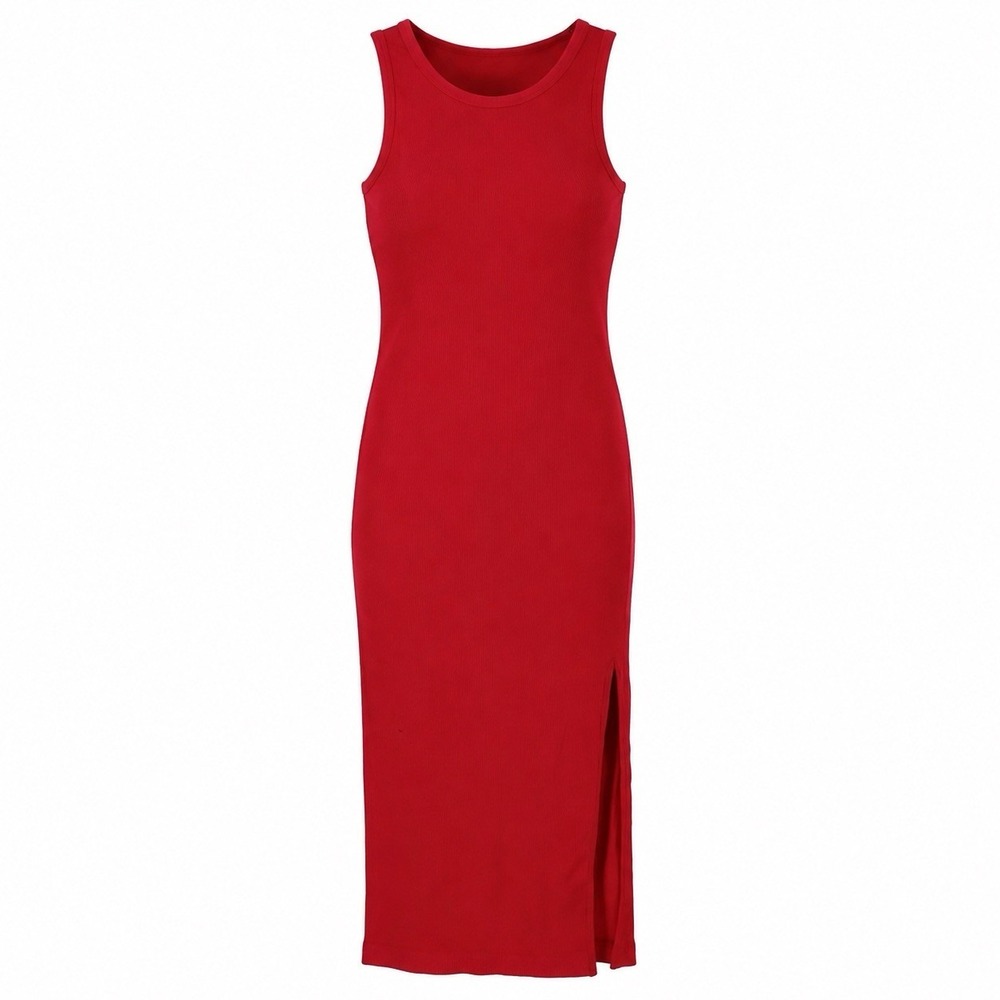 Red Ribbed Knit Scoop Neck Sleeveless Stretch Slit Bodycon Midi Dress S